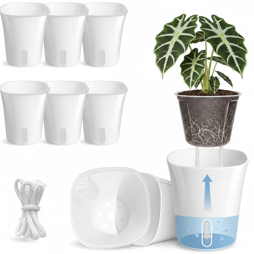 White Self Watering Pots with Alocasia